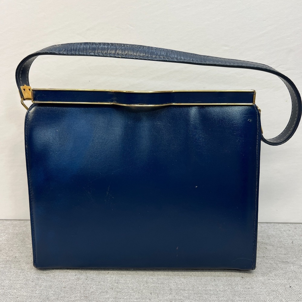 Vtg Town & Country Navy Blue Structured Frame Handbag w/ Gold-Tone Clasp 50's/60